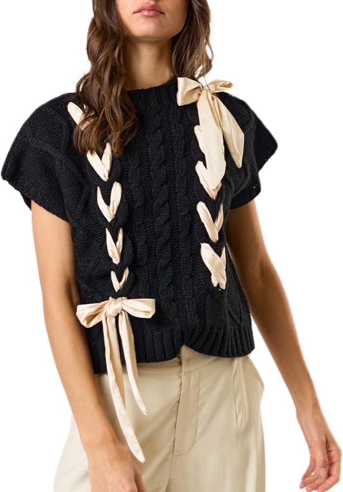 Women Short Sleeve Cable Knit Vest Y2k Coquette Ribbon Bow